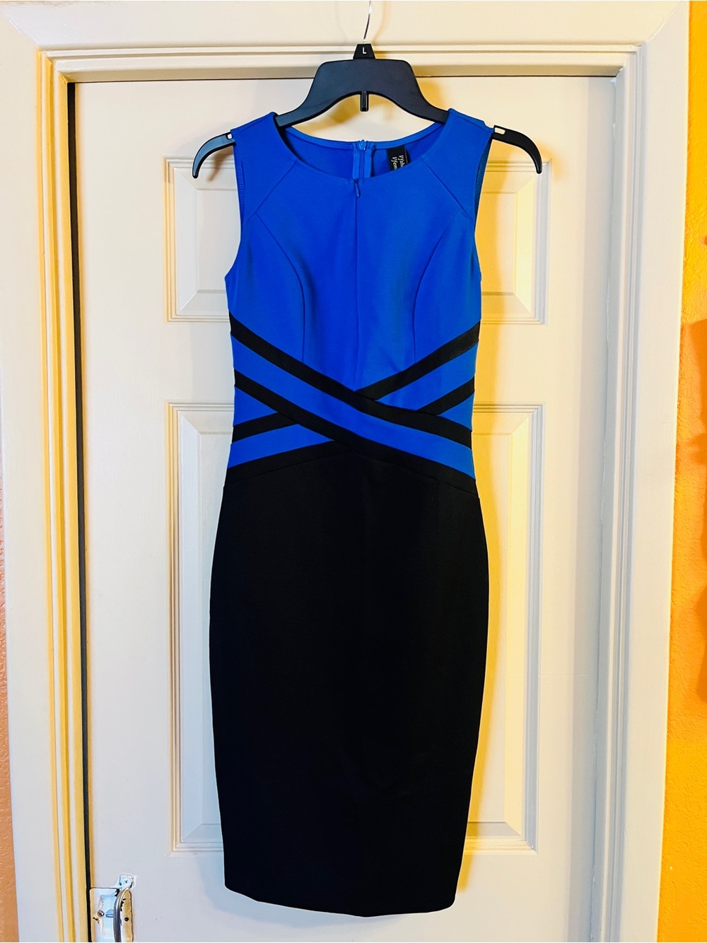 Sleeveless Blue and Black Midi Sheath Dress